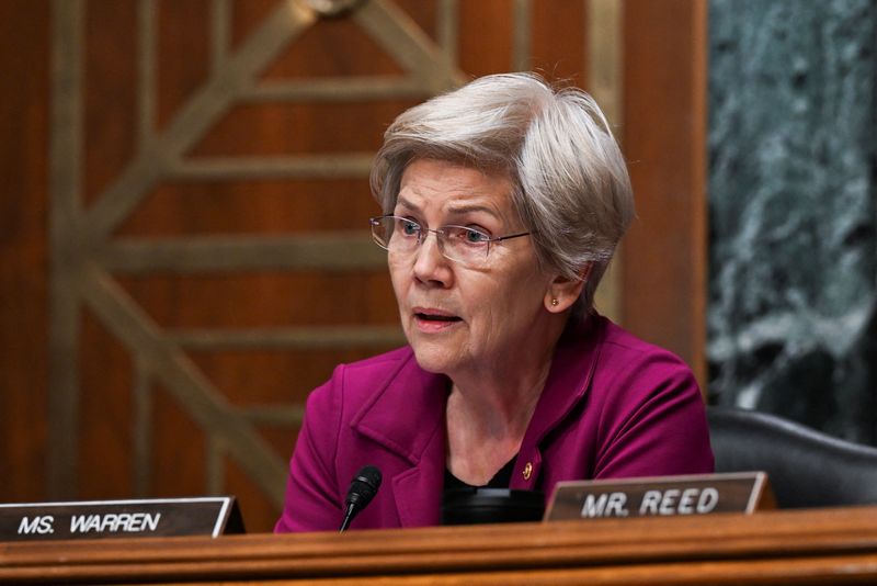 © Reuters. FILE PHOTO: Ranking Member, U.S. Senator Elizabeth Warren (D-MA) speaks during a Senate Banking, Housing and Urban Affairs Committee confirmation hearing on President Trump’s nominees to lead the National Economic Council, Consumer Financial Protection Bureau and Federal Housing Finance Agency, on Capitol Hill in Washington, D.C., U.S., February 27, 2025. REUTERS/Annabelle Gordon/File Photo Exclusive-Senators ask Trump's Air Force nominee to respond to allegations of favoring Musk's SpaceX